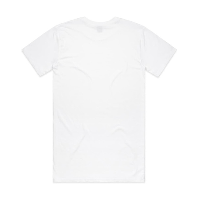 A plain white T-shirt featuring short sleeves and a minimalistic design. It includes a logo on the tag.