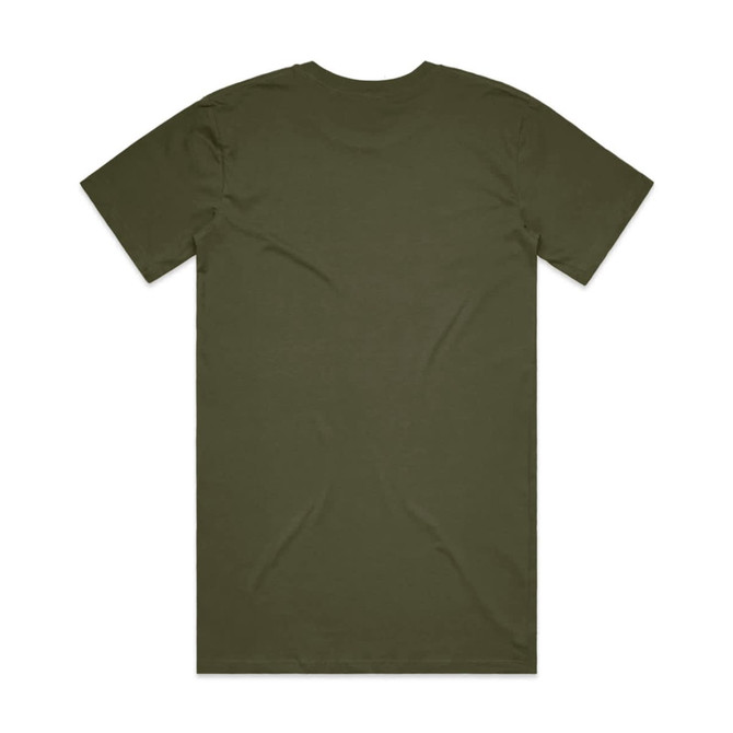 A plain olive green T-shirt featuring a short sleeve design and a standard crew neck. It has a logo on the back.