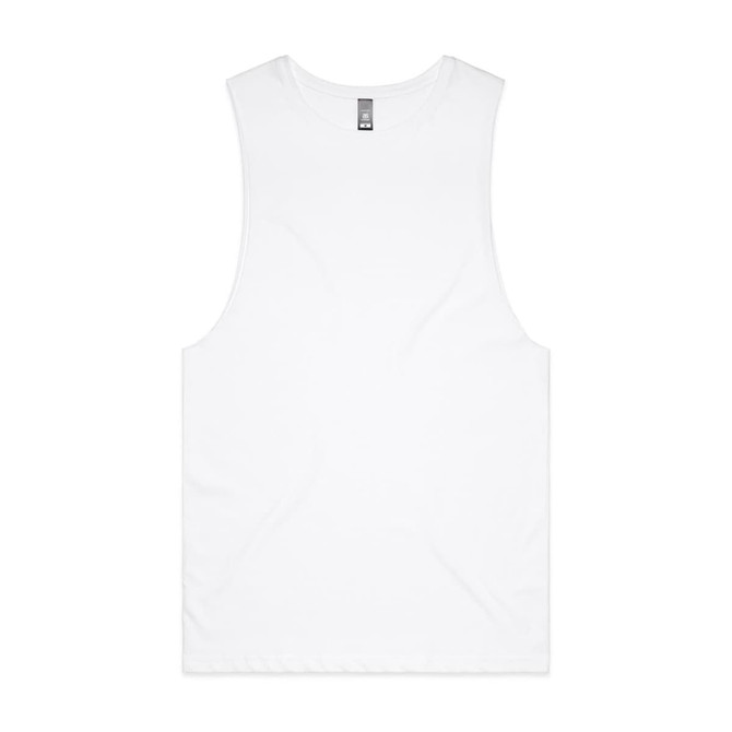 A white singlet tank top featuring a logo, designed for casual wear.