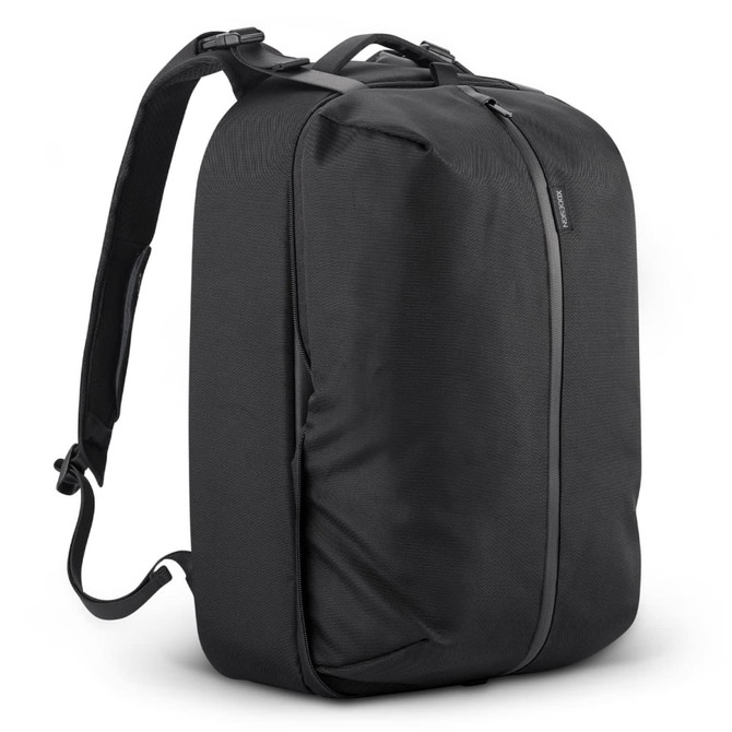 A black gym bag with a sleek design, featuring a single zip closure and adjustable shoulder straps.