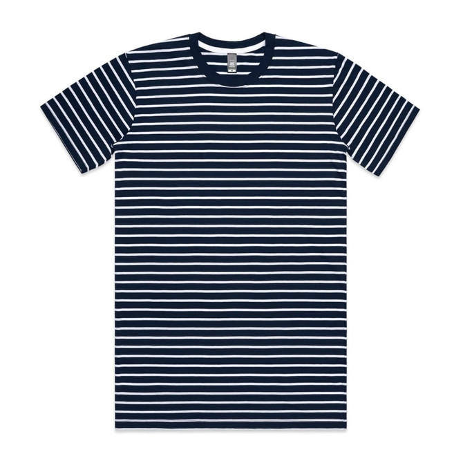 A navy and white striped T-shirt featuring a round neckline and short sleeves. It has a logo on the label.