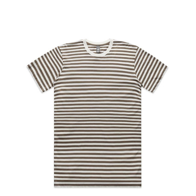 A brown and white striped T-shirt featuring short sleeves and a crew neckline, with a logo on the label.