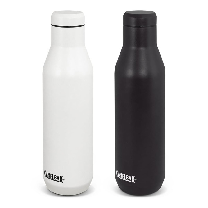 A drink bottle set featuring two vacuum bottles in white and black with a branding logo.