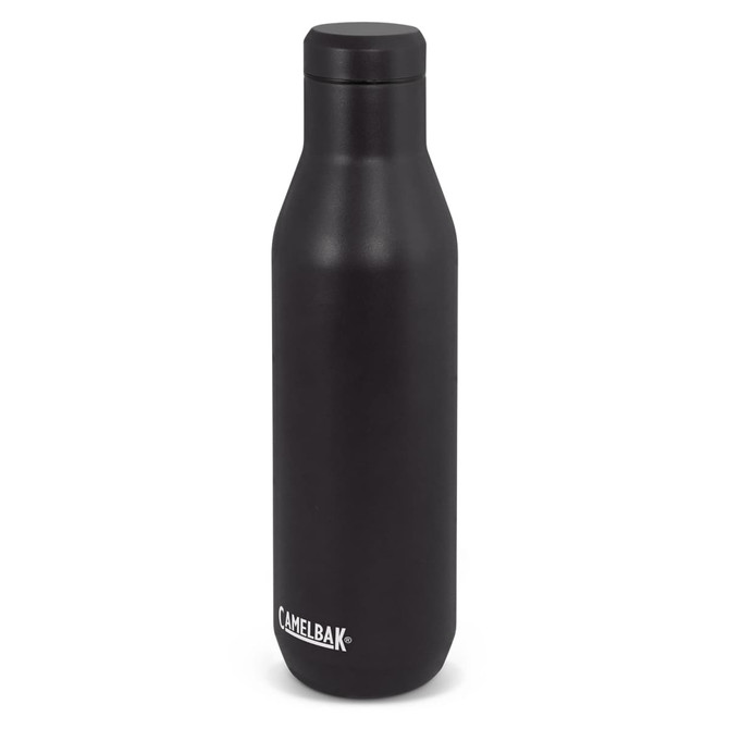 A drink bottle in black with a sleek design, featuring a screw-top lid and a logo. Holds 750ml.