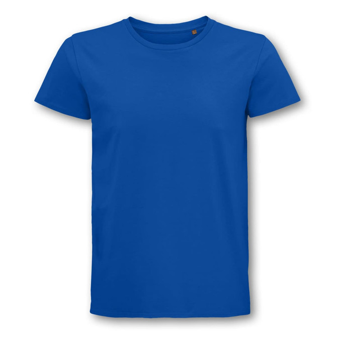 A blue organic cotton t-shirt with a classic crew neck and short sleeves. It features a logo on the label.
