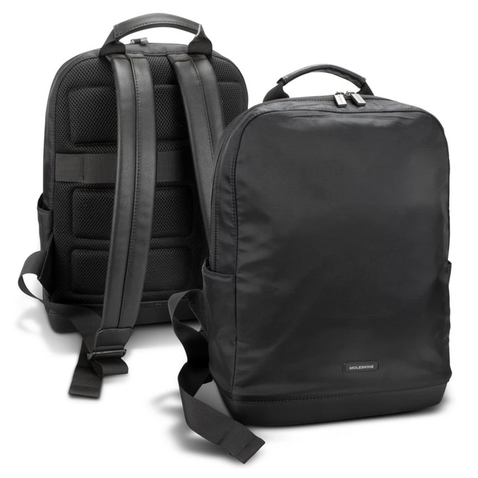 A black Moleskine Ripstop Backpack with padded straps and a sleek design, featuring a logo on the front.