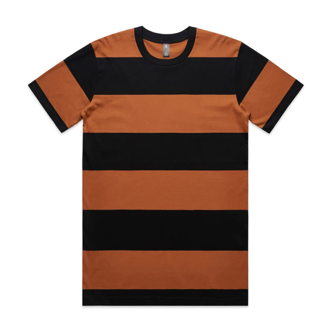 A striped tee featuring alternating broad bands of burnt orange and black. The shirt has a round neckline and short sleeves.
