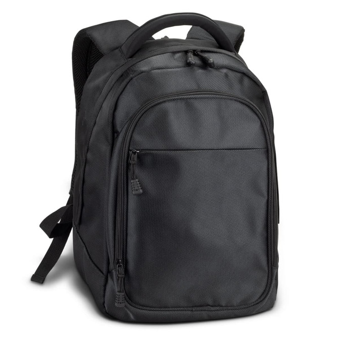 A black laptop backpack with padded shoulder straps and multiple zippered compartments, featuring a subtle logo.