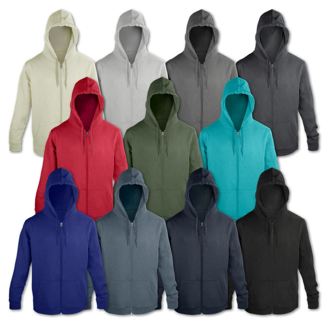 A collection of TRENDSWEAR Jasper Unisex Hoodies in various colours, featuring hoods and zip fronts. Each hoodie has a logo.