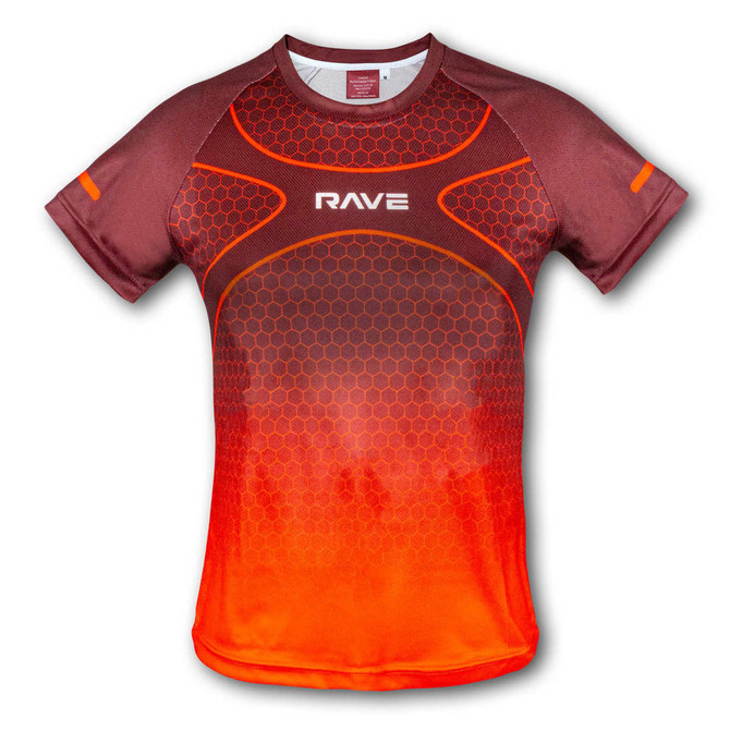 A custom women's performance t-shirt in shades of brown and orange, featuring a honeycomb pattern and a logo.