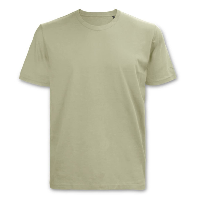 A plain green T-shirt with short sleeves and a round neckline. It features a simple design and includes a logo.