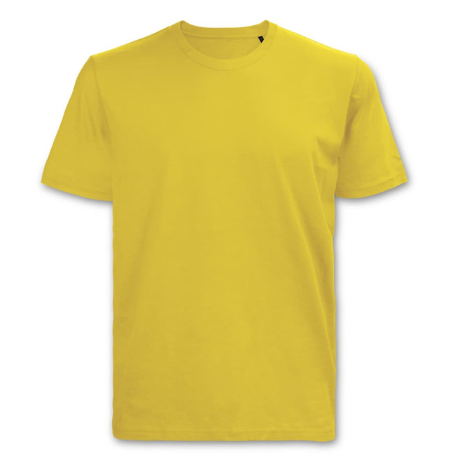 A bright yellow original men's T-shirt with a crew neck and short sleeves. It features a logo on the front.