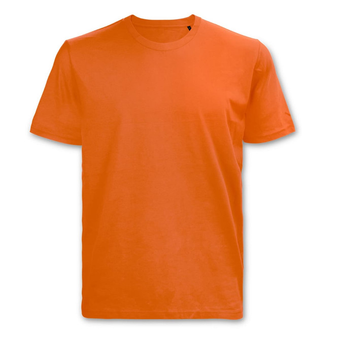 An orange T-shirt with short sleeves and a round neckline, featuring a logo on the side.
