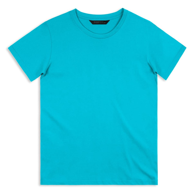 A teal men's T-shirt with a round neck and short sleeves, featuring a logo. Plain design without any patterns.