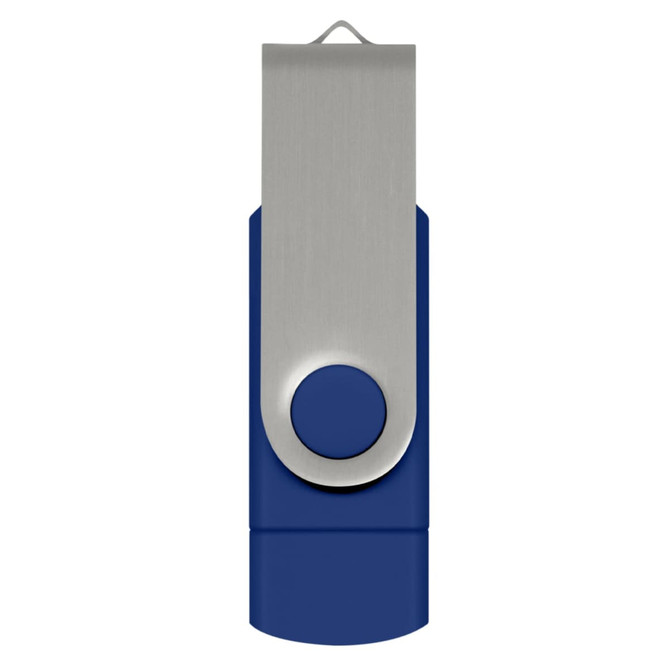 A blue Helix 8GB dual flash drive with a silver clip and button, featuring a logo on the clip.