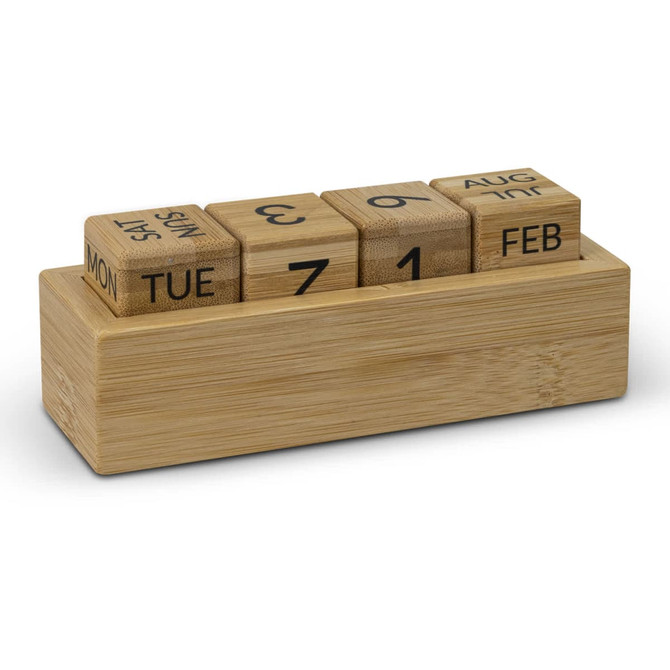 A bamboo desk calendar featuring wooden blocks displaying days, dates, and months in natural tones.