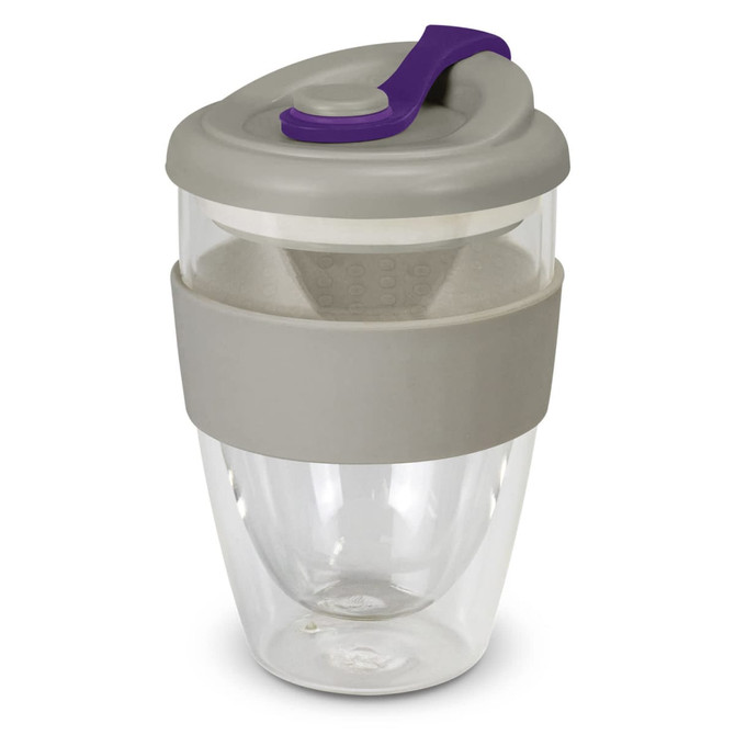 A drink bottle with a transparent body, grey silicone sleeve, and a purple lid featuring a built-in strainer.