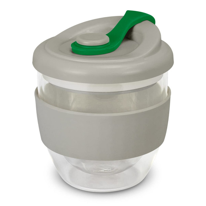 A drink bottle featuring a clear body with a grey sleeve and a green lid, complete with a logo.