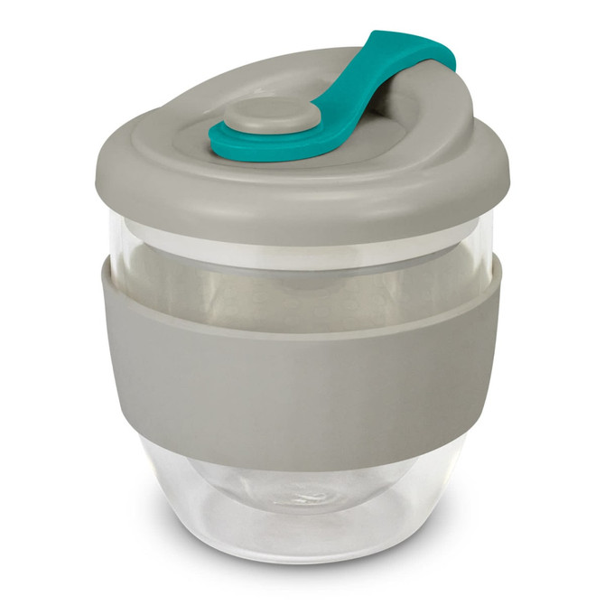 A drink bottle with a clear body, grey silicone band, and a teal lid. It features a logo on the side.