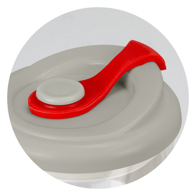 A drink bottle featuring a grey body and a red flip-top lid with a seal. The bottle has a logo on it.