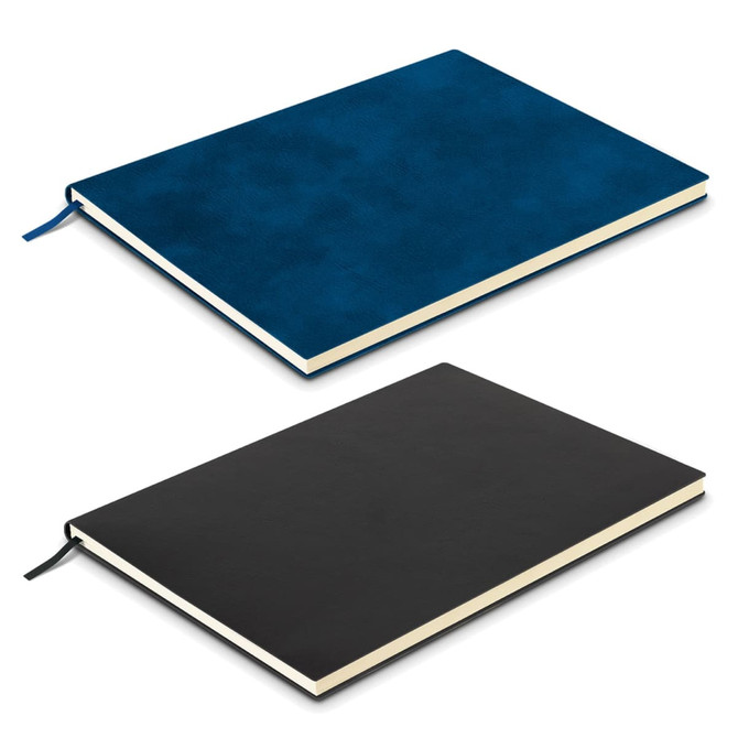 A large soft cover notebook in blue and black, featuring a ribbon bookmark and a branding logo.