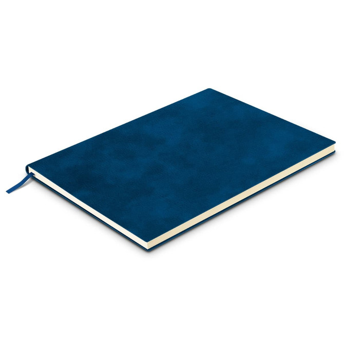 A large navy blue soft cover notebook with a textured appearance and a ribbon bookmark.
