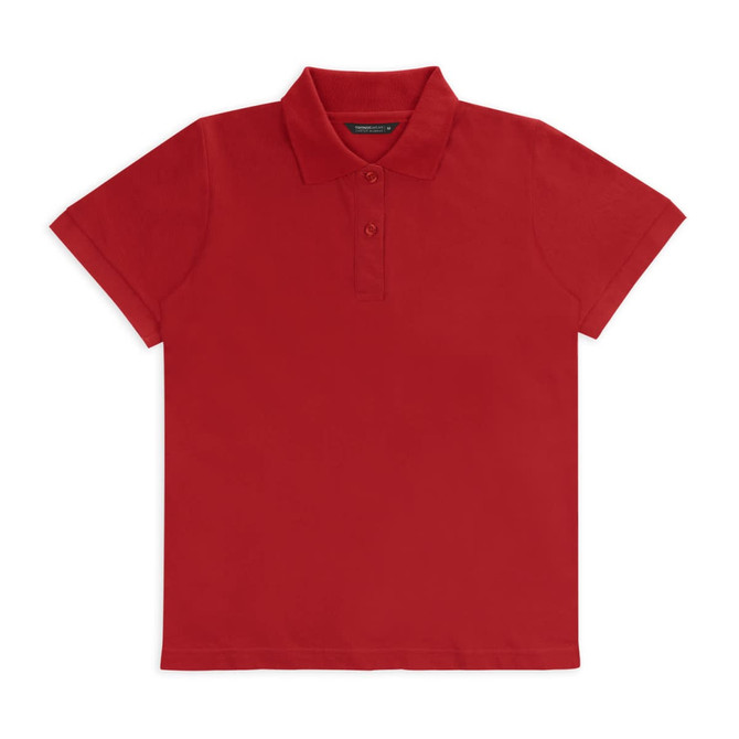 A red women's polo shirt featuring a classic collar and three-button placket, with a branding logo.