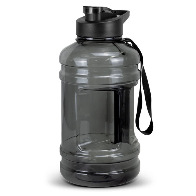 A drink bottle in grey with a black lid and a handle, featuring a secure screw top and an ergonomic design.