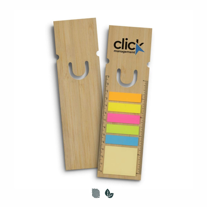 A bamboo ruler bookmark featuring coloured sticky notes and a branding logo, in a natural wood finish.