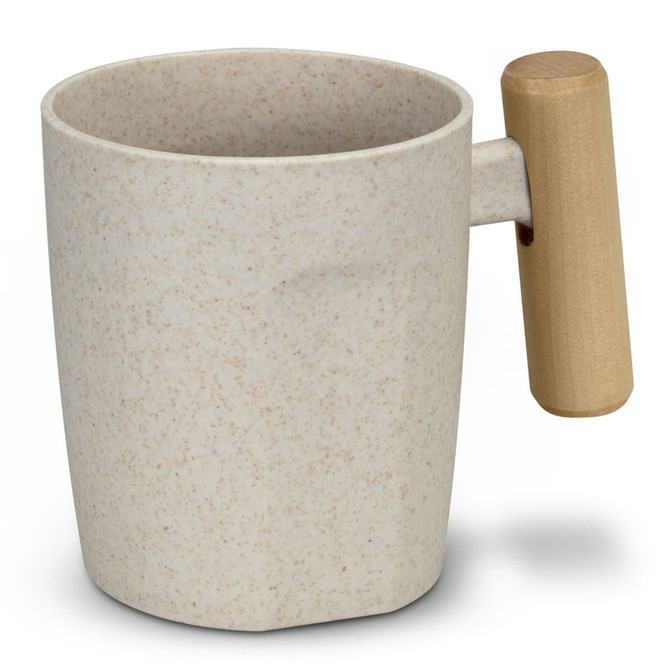 A coffee mug in a speckled cream colour with a wooden handle. Features a simple, modern design and a logo.