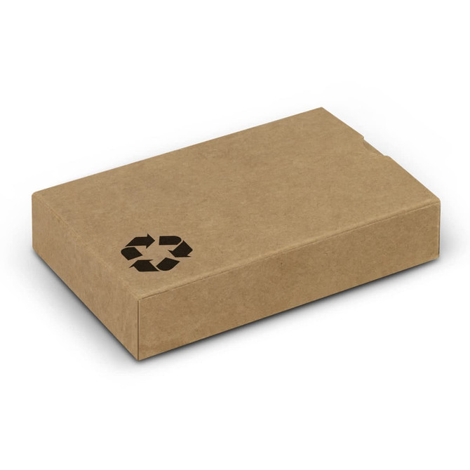 A kraft cardboard box with a recycle logo, designed for packaging playing cards.