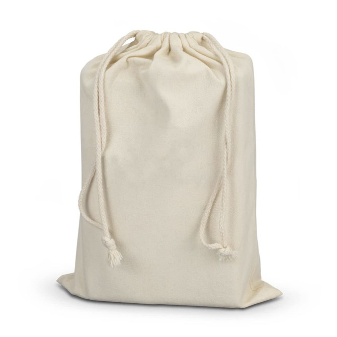 A cream drawstring pouch made of fabric, featuring two ropes for closure.