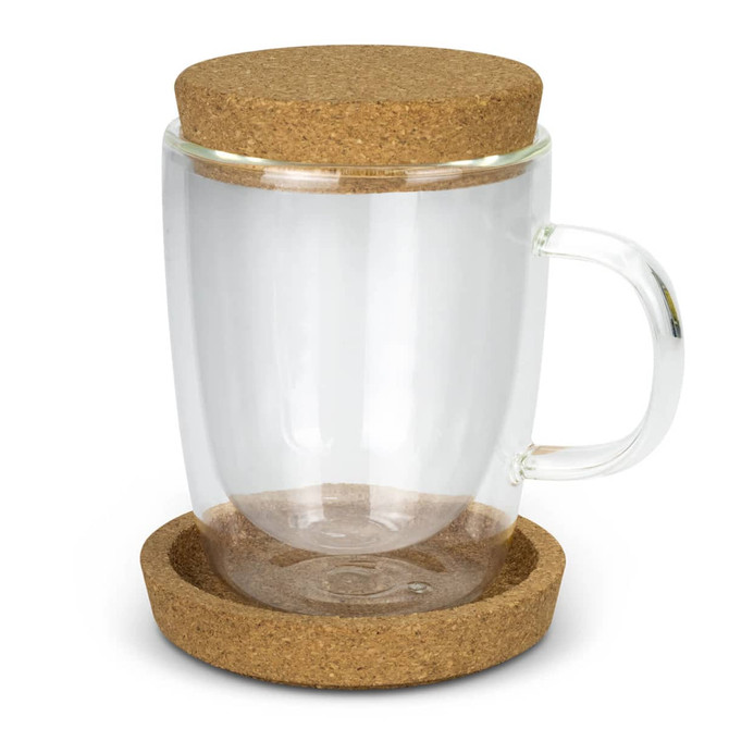 A clear glass coffee cup with a cork lid and matching cork coaster underneath.