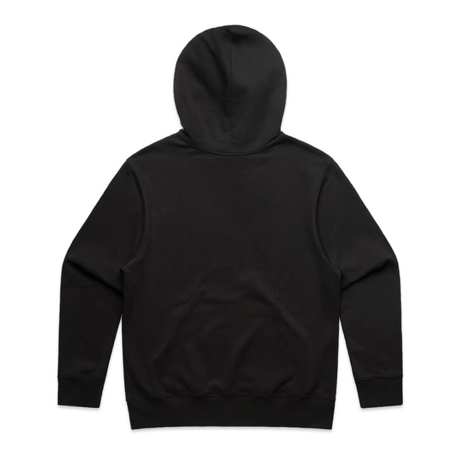 A black hoodie featuring a hood and long sleeves, with a plain back and fitted cuffs.