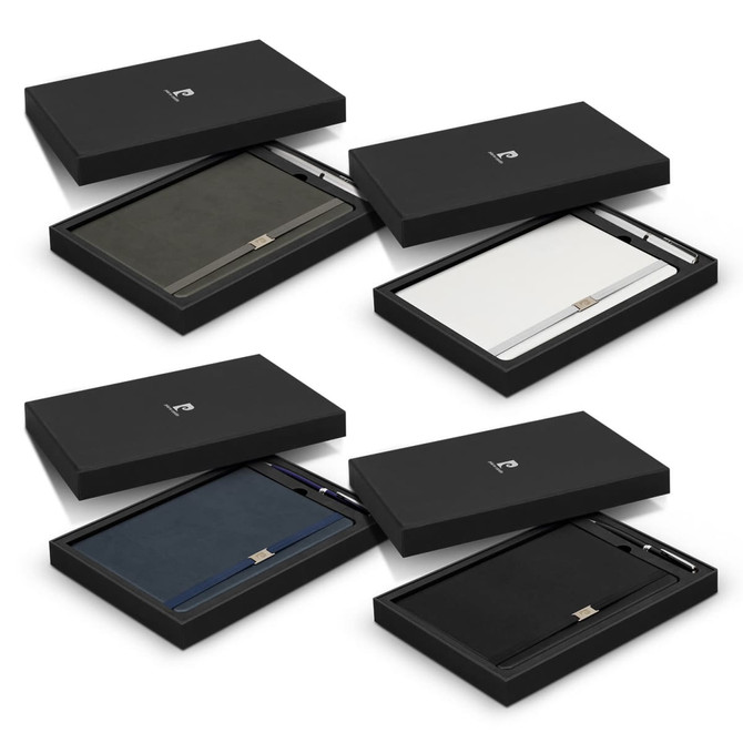 A gift set featuring a notebook and pen in black, white, dark blue, and olive green, presented in a black box with a logo.