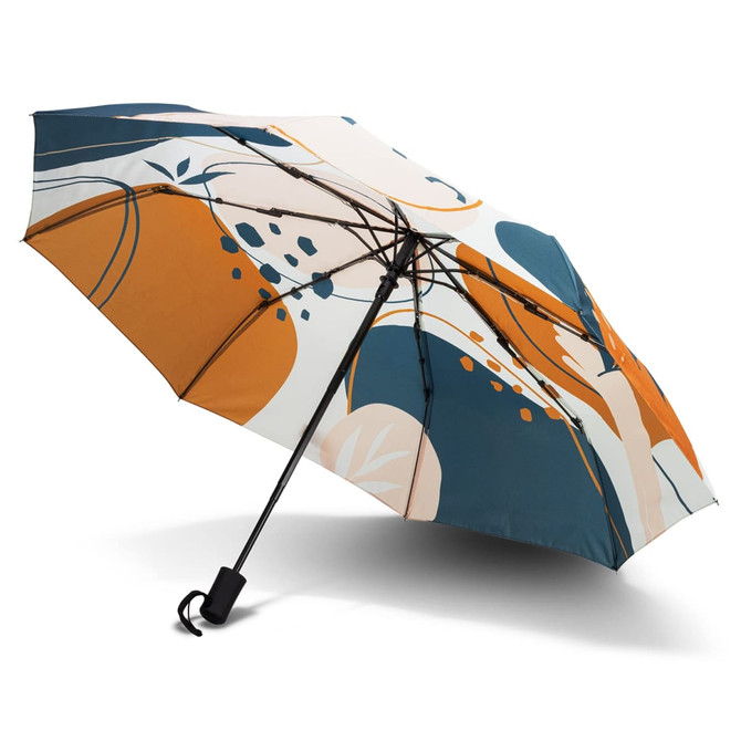 A compact umbrella with a full-colour design featuring blue, orange, and cream abstract patterns, and a black handle.