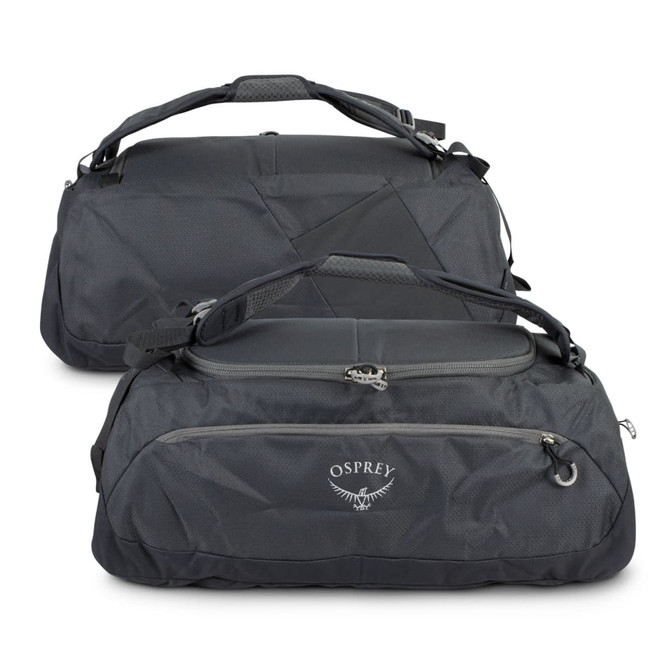 A black duffle bag with two handles and a zippered compartment, featuring a logo.