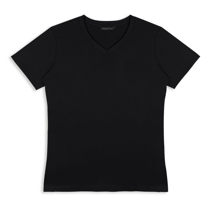 A black women's t-shirt with a v-neck design, featuring short sleeves and a fitted style. It has a logo.
