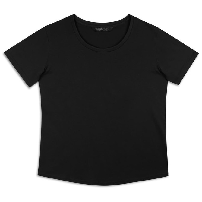 A black women's T-shirt with a round neckline and short sleeves, featuring a logo.