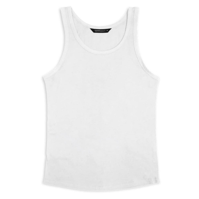 A white women's tank top with a round neck and no sleeves, featuring a logo on the label.