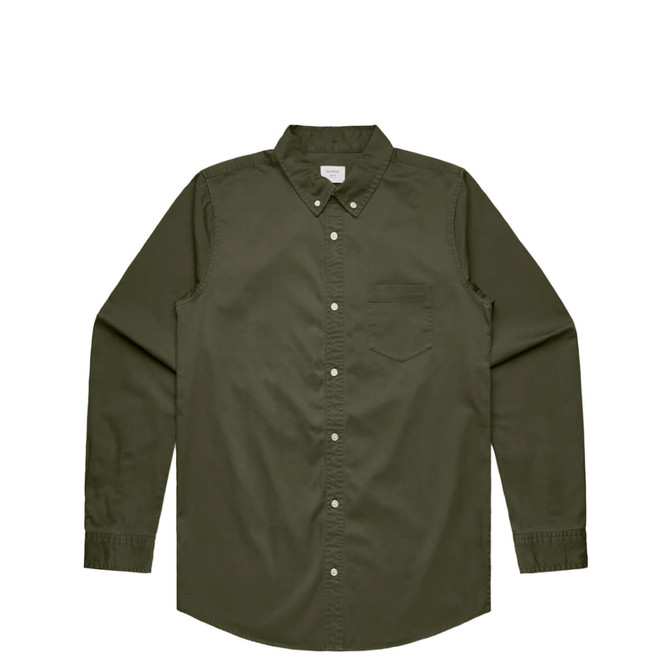 A button-up shirt in olive green with a collared neckline and a single chest pocket. Features a logo.