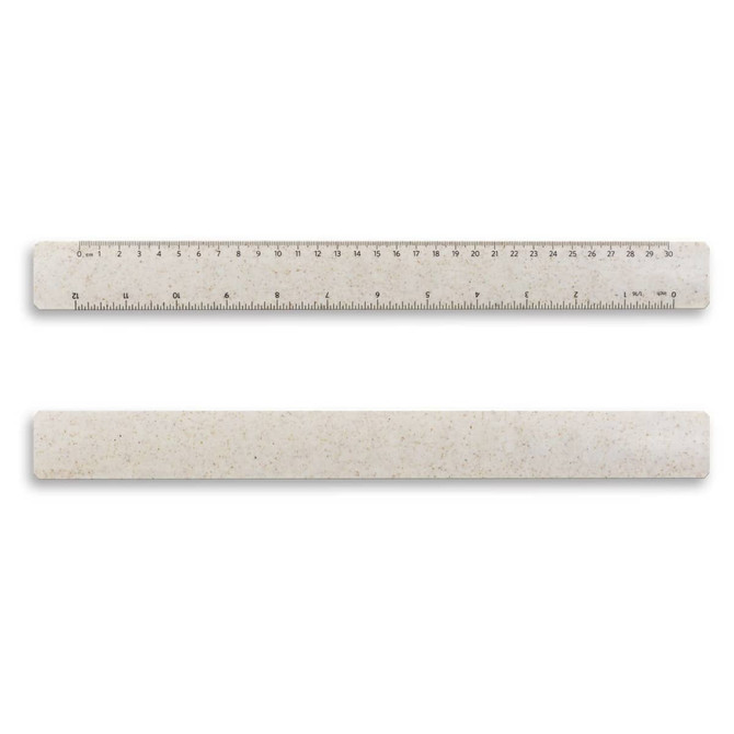 A 30cm transparent ruler with a speckled design, featuring measurement markings and a logo.