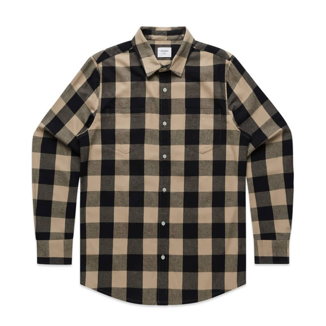 A button-up check shirt featuring a black and beige plaid pattern with long sleeves and a collar.
