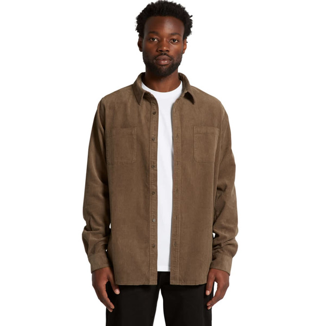 A button-up shirt in a brown cord fabric, featuring two front pockets and a classic collar.