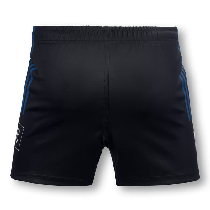 Black women's rugby shorts featuring blue stripes and a logo on the side, designed for sports activities.