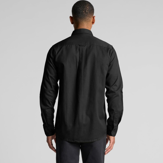 A black work shirt with a collared neck and long sleeves, featuring a logo on the back.