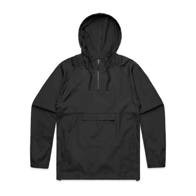 A black windbreaker jacket with a hood and a front pocket. It features a logo on the chest.