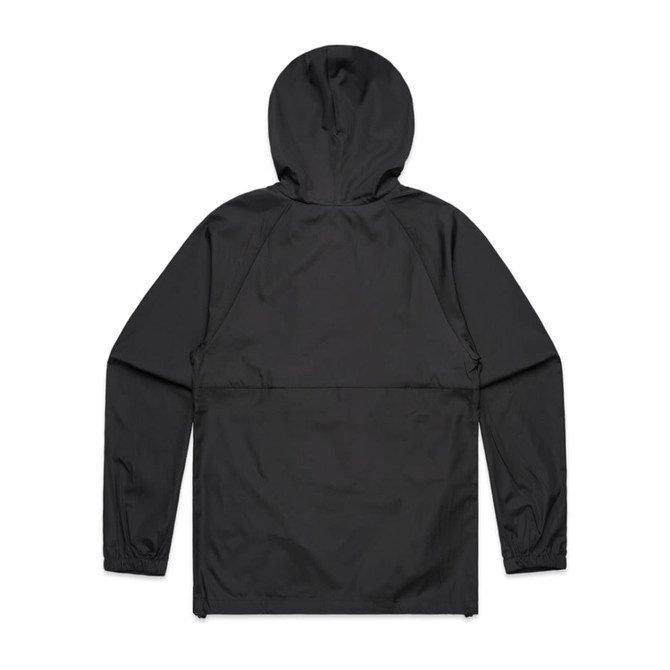A black windbreaker jacket with a hood, featuring long sleeves and a simple design. It has a logo on the back.