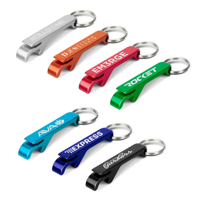 A drink bottle opener key ring collection featuring silver, orange, red, green, blue, and black designs with logos.