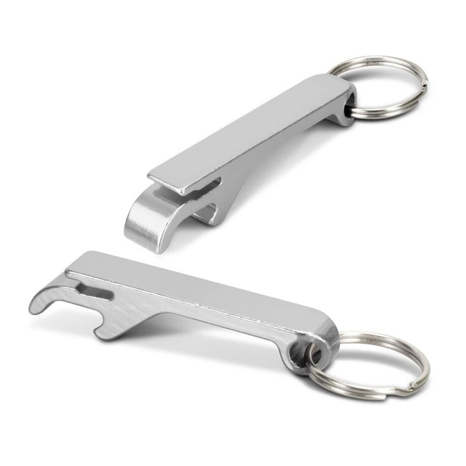 A drink bottle opener key ring in stainless steel, featuring a sleek, minimalist design with a keyring attachment.